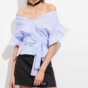 ❤️3/20  - Button Front Frill Sleeve Striped V Bardot Top